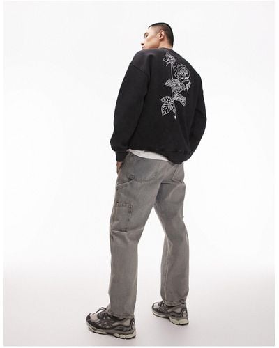 TOPMAN Oversized Fit Sweatshirt With Front And Back Floral Placement Embroidery - Black
