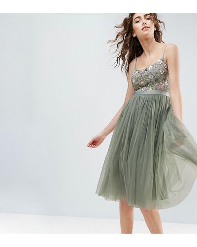 Needle & Thread Needle And Thread Embroidered Bodice Midi Dress With Tulle Skirt - Green