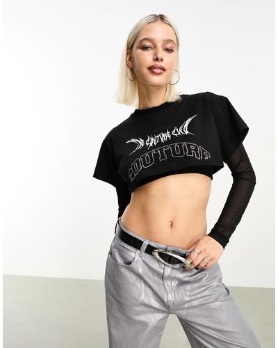 The Couture Club Mesh Layered Crop T-shirt - Black