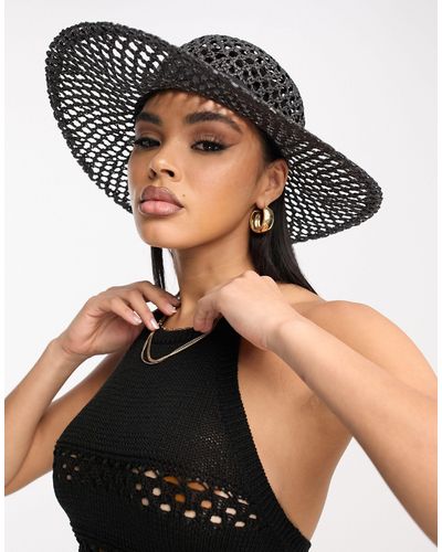 South Beach Open Weave Wide Brim Hat - Black