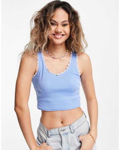Daisy Street 90s Crop Singlet With Lace Trim And Rose Detail - Blue
