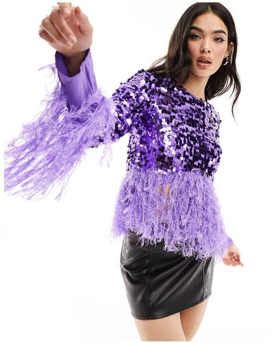 ASOS High Neck Embellished Long Sleeve Top With Embellished Hem - Purple