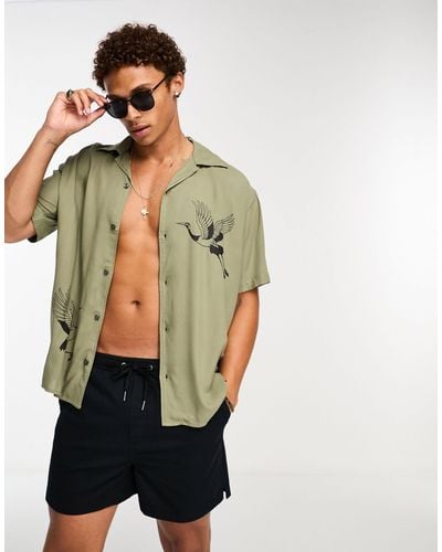 SELECTED Revere Collar Oversized Shirt With Bird Print - Green