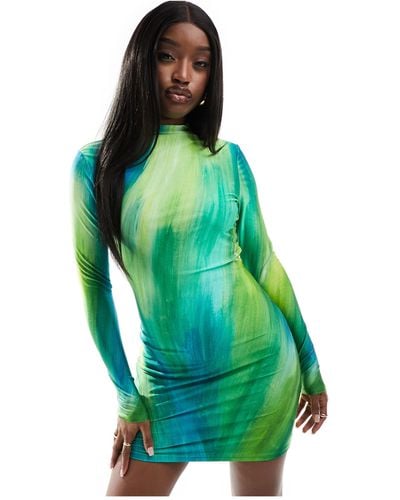 FARAI LONDON Opehlia High Neck Long Sleeve Bodycon Mini Dress - Green