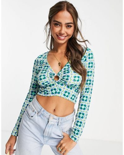 New Look Ring Detail Ruched Long Sleeve Crop Top - Blue