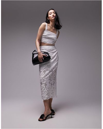 TOPSHOP Co-ord Premium Lace Detail Midi Skirt - Grey