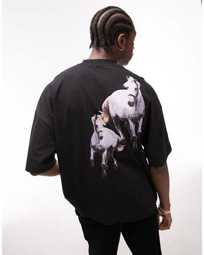 TOPMAN T-shirt premium super oversize nera con stampa di cavalli sul davanti e sul retro - Nero