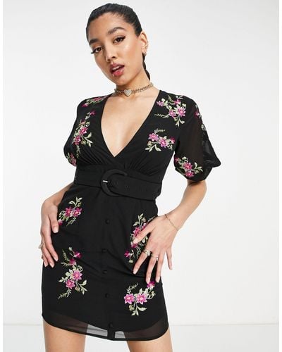 ASOS Mini Tea Dress With Pop Floral Embroidery - Black