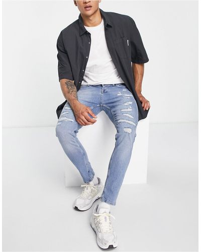 TOPMAN Stretch Taper Rip And Repair Jeans - White