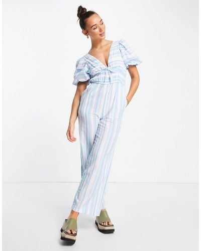 Lost Ink Puff Sleeve Wide Leg Jumpsuit - White