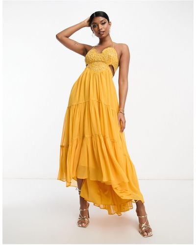 ASOS Embellished Bodice Tiered Maxi Dress With Hi Low Hem And Open Back - Yellow