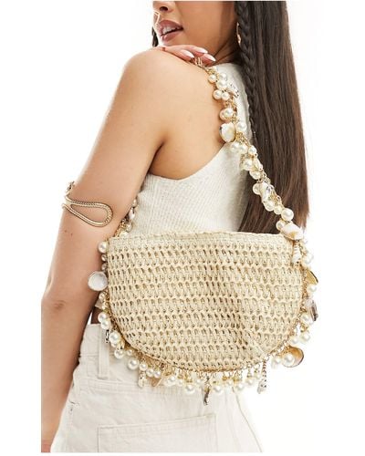 South Beach Crochet Shoulder Bag With Pearl And Shell Embellishment - Natural