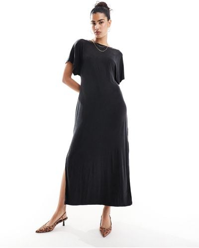 & Other Stories Lux Jersey Midi Dress With Boat Neck And Thigh Split - Black