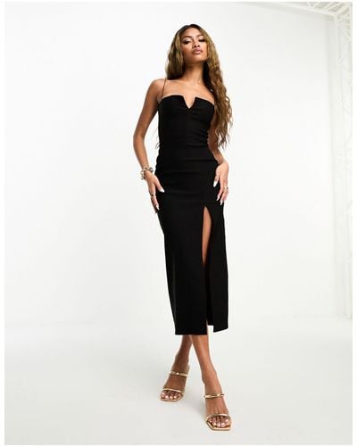 Vesper Notch Detail Cami Strap Thigh Split Midi Dress - Black