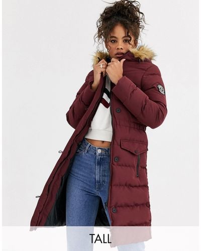 Brave Soul Whitehorse Padded Long Jacket With Faux Fur Trim Hood-red