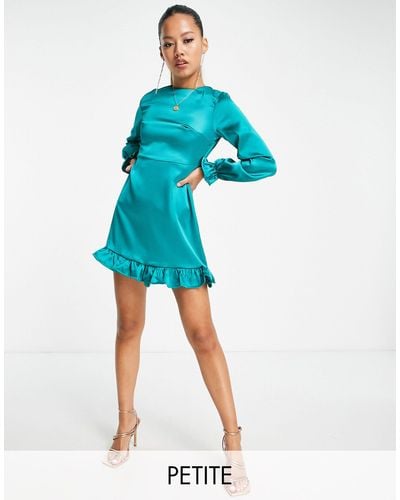 Flounce London Satin Long Sleeve Backless Mini Dress - Green