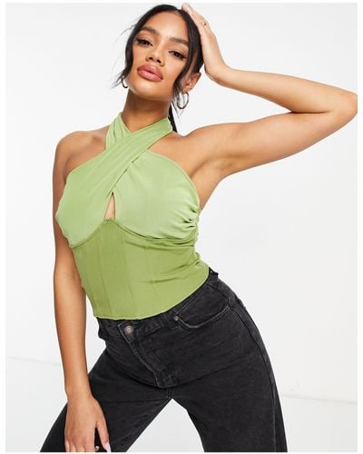 Missguided Mesh Corset Halter Neck Top - Green