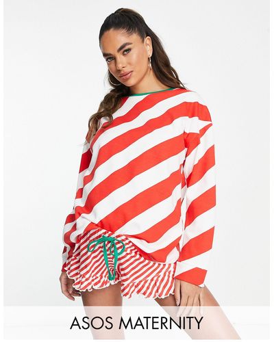 ASOS Asos design maternity - pigiama natalizio con felpa ampia e pantaloncini a righe rosse e bianche - Rosso