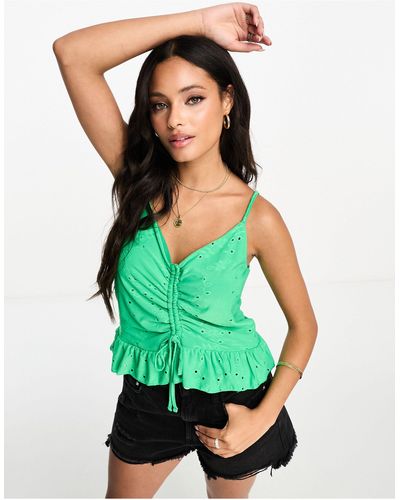Vero Moda Broderie Top With Ruched Front Detail - Green