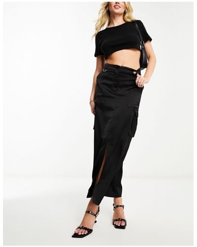 Naanaa Satin Midi Skirt With Cargo Pockets - Black