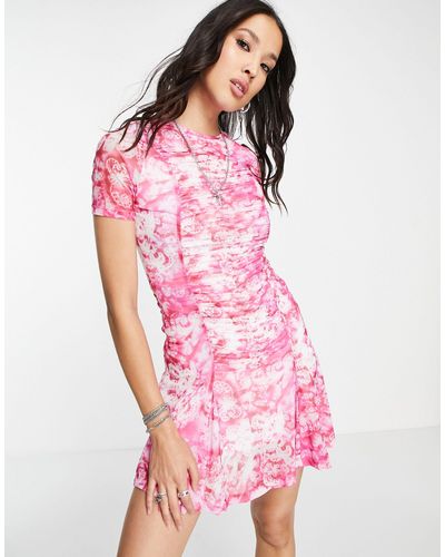 TOPSHOP Lace Spray Paint Mesh Mini Tea Dress - Pink