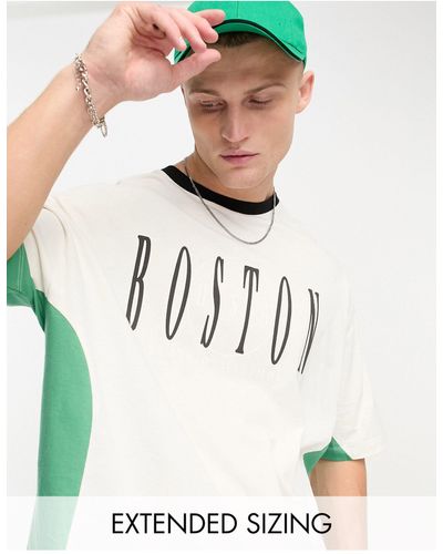 ASOS T-shirt oversize beige color block con pannelli verdi e stampa "boston" - Bianco