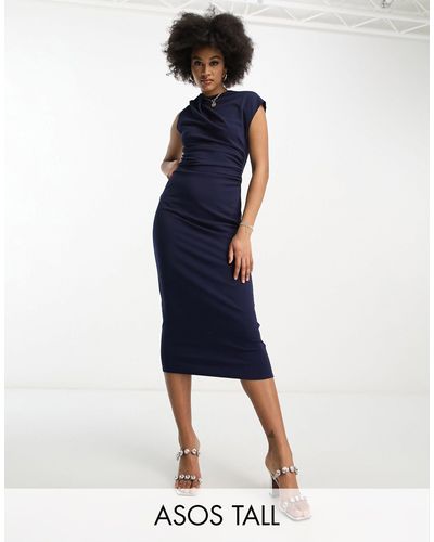 ASOS Asos Design Tall High Neck Ruched Shoulder Midi Dress - Blue