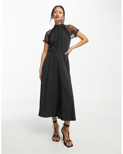 Liquorish A Line Lace Detail Midi Dress - Black