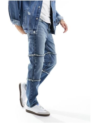ASOS Straight Leg Jeans With Frayed Hem Panels - Blue