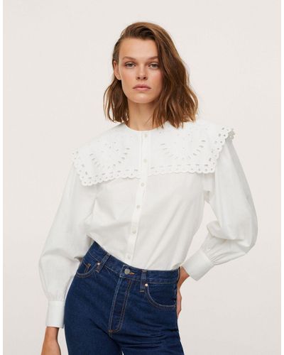 Mango Blouse With Broderie Collar Detail - White