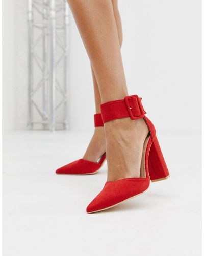 Glamorous Buckle Block Heeled Court Shoes - Red