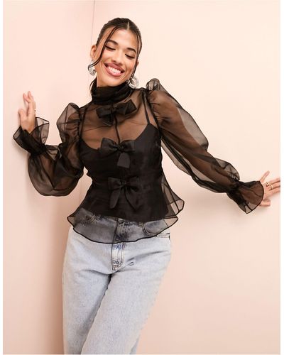 ASOS Organza Long Sleeve Top With Bow Detail And Cami - Black