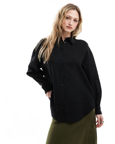 Monki Linen Blend Oversize Shirt - Black