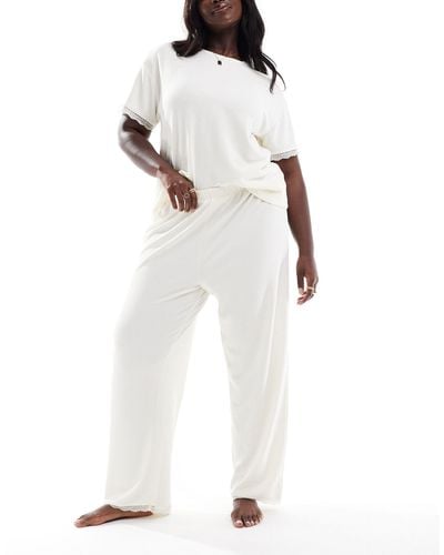 ASOS Asos Design Curve Exclusive Waffle & Lace Tee & Trouser Pyjama Set - White