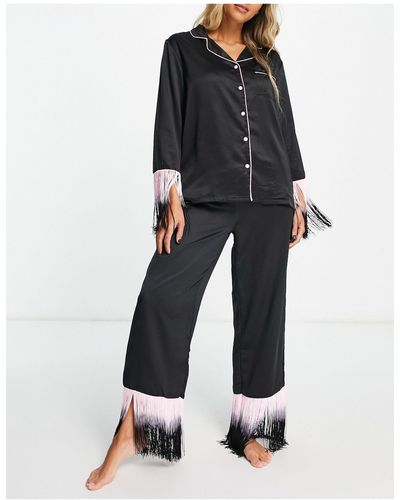 Loungeable Pyjama boutonné à franges et pantalon - noir et