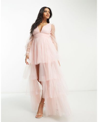 LACE & BEADS Exclusive Sheer Sleeve Tiered High Low Maxi Dress - Pink