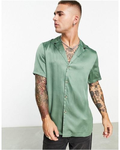 ASOS Satin Shirt With Deep Revere - Green