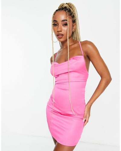 Rebellious Fashion Lace Up Back Satin Dress - Pink