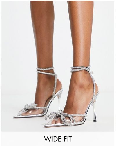 Public Desire Midnight - scarpe con tacco a pianta larga argento con dettaglio con fiocco di strass - Bianco