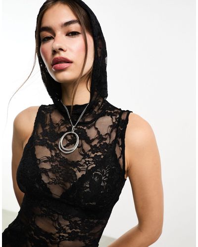 Motel Hooded Stretch Lace Top Co-ord - Black
