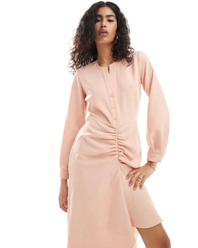 Closet Button Front Midi Dress With Ruched Skirt - Pink