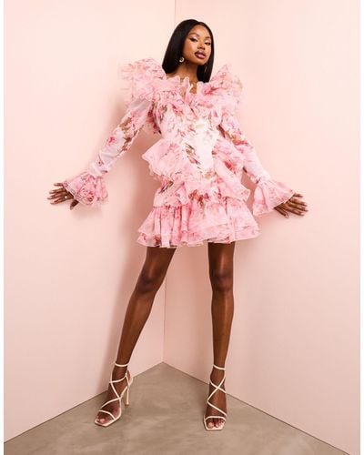 ASOS Organza Ruffle Ruched Long Sleeved Mini Dress - Pink