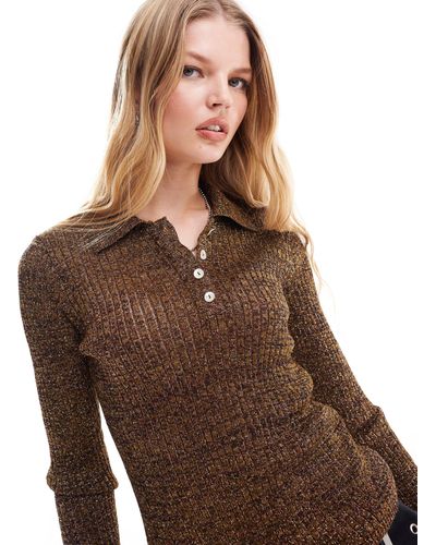 Mango Long Sleeve Knitted Polo - Brown