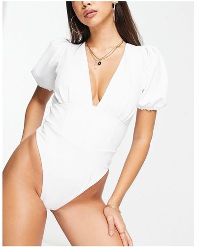 ASOS Corsetted Puff Sleeve Scuba Swimsuit - White