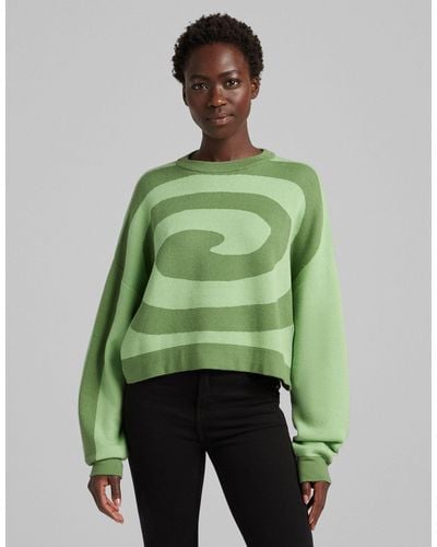 Bershka Retro Swirl Detail Sweater - Green