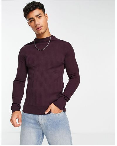 River Island Muscle Fit, Geribbelde Trui Met Ronde Hals - Paars