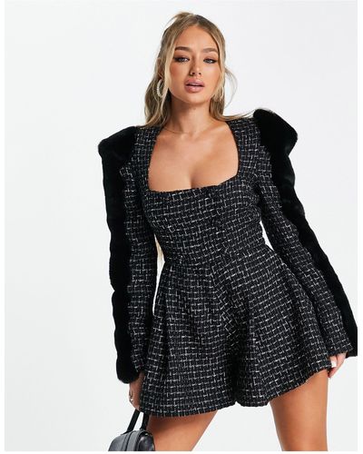 ASOS Boucle Square Neck Playsuit With Faux Fur Sleeves - Black