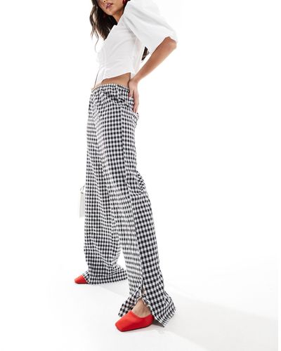 Miss Selfridge Wide Leg Gingham Trousers With Tie Side Detail - White