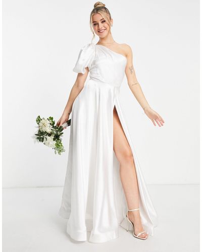 Yaura Vestito da sposa monospalla con manica a palloncino e gonna a ruota color avorio - Bianco
