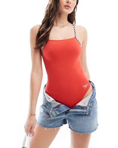 Speedo Solid Lattice Tie-back Swimsuit - Red